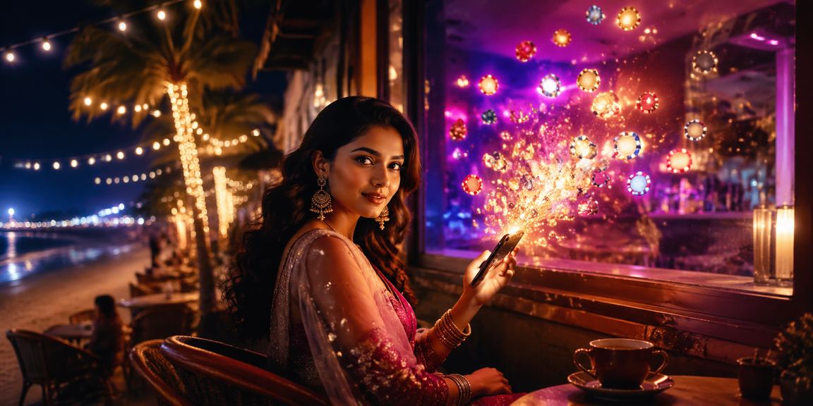 Indian player using casino app with Bollywood backdrop